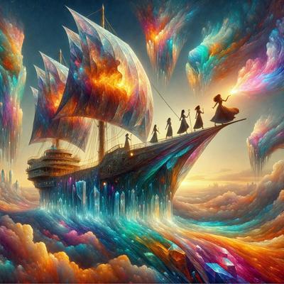 The primary subject of the image is a large, colorful ship with a group of women on it. The ship is floating on a body of water, and the women are standing on the deck, enjoying the view. The setting is a vibrant and lively scene, with the ship and the women being the main focus. The visual style of the image is digital art, which adds to the vivid colors and overall atmosphere. The dominant colors in the image are bright and varied, creating a sense of excitement and adventure.